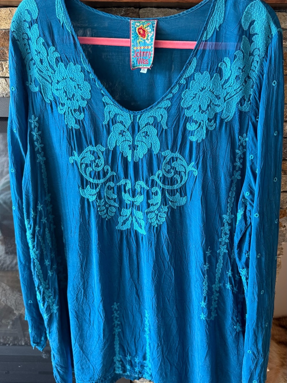 Johnny Was teal embroidered tunic top